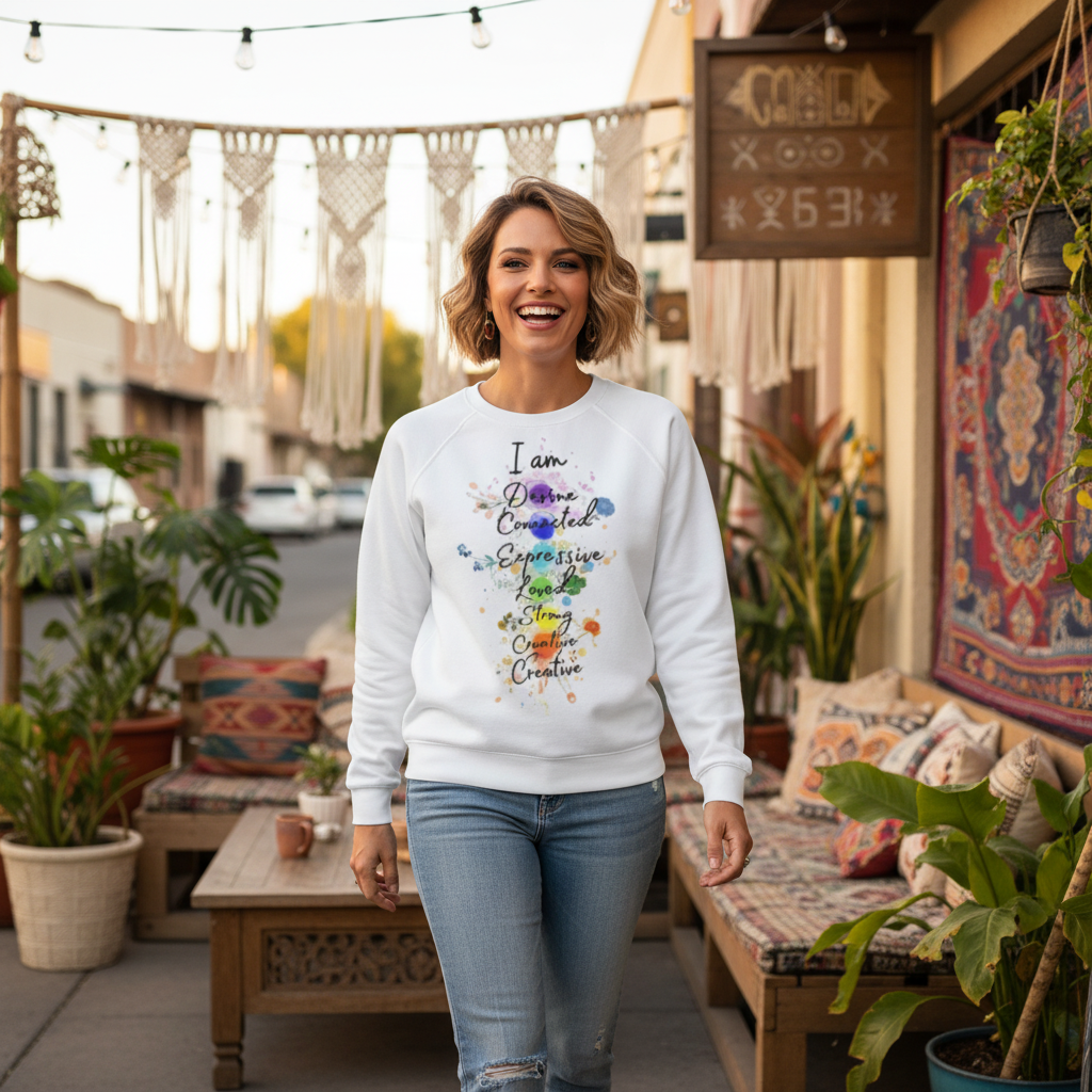 Woman wearing a white unisex organic raglan sweatshirt with colorful inspirational text design outdoors