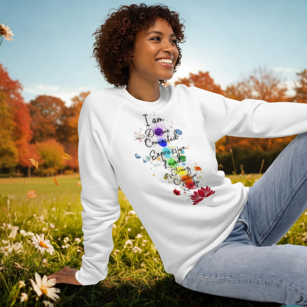 woman wearing white unisex organic raglan sweatshirt with colorful text design sitting outdoors in a field