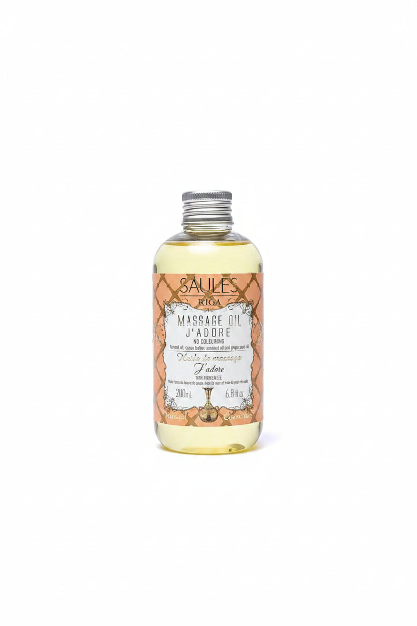 Saules Fabrika massageolie J'adore 200ml op een witte achtergrond als mock u.