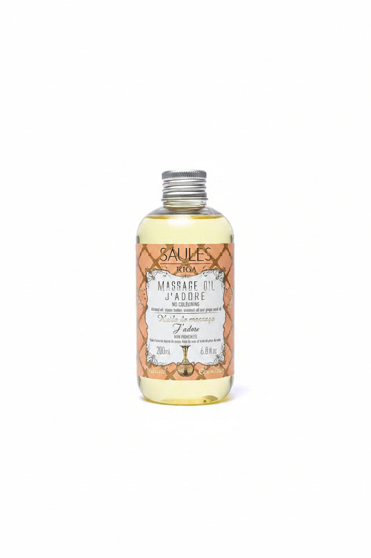 Saules Fabrika massageolie J'adore 200ml op een witte achtergrond als mock u.