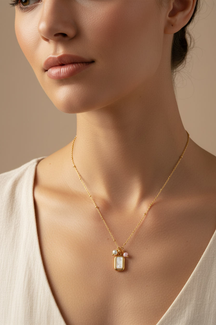 Schelp, Parel & Jade ketting met gold-plated stainless steel, schelphanger, zoetwaterparel en lavendel jade bedeltjes.