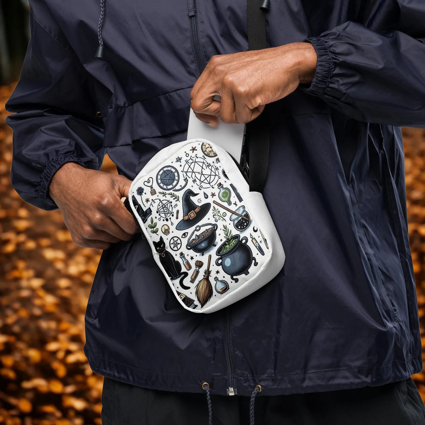 Witchy Halloween crossbody bag with spooky witch-themed design, adjustable strap, and durable fabric.