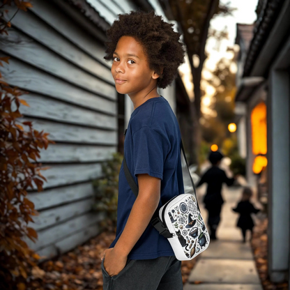 Child wearing a Witchy Halloween Crossbody Bag with festive witch-themed design outdoors