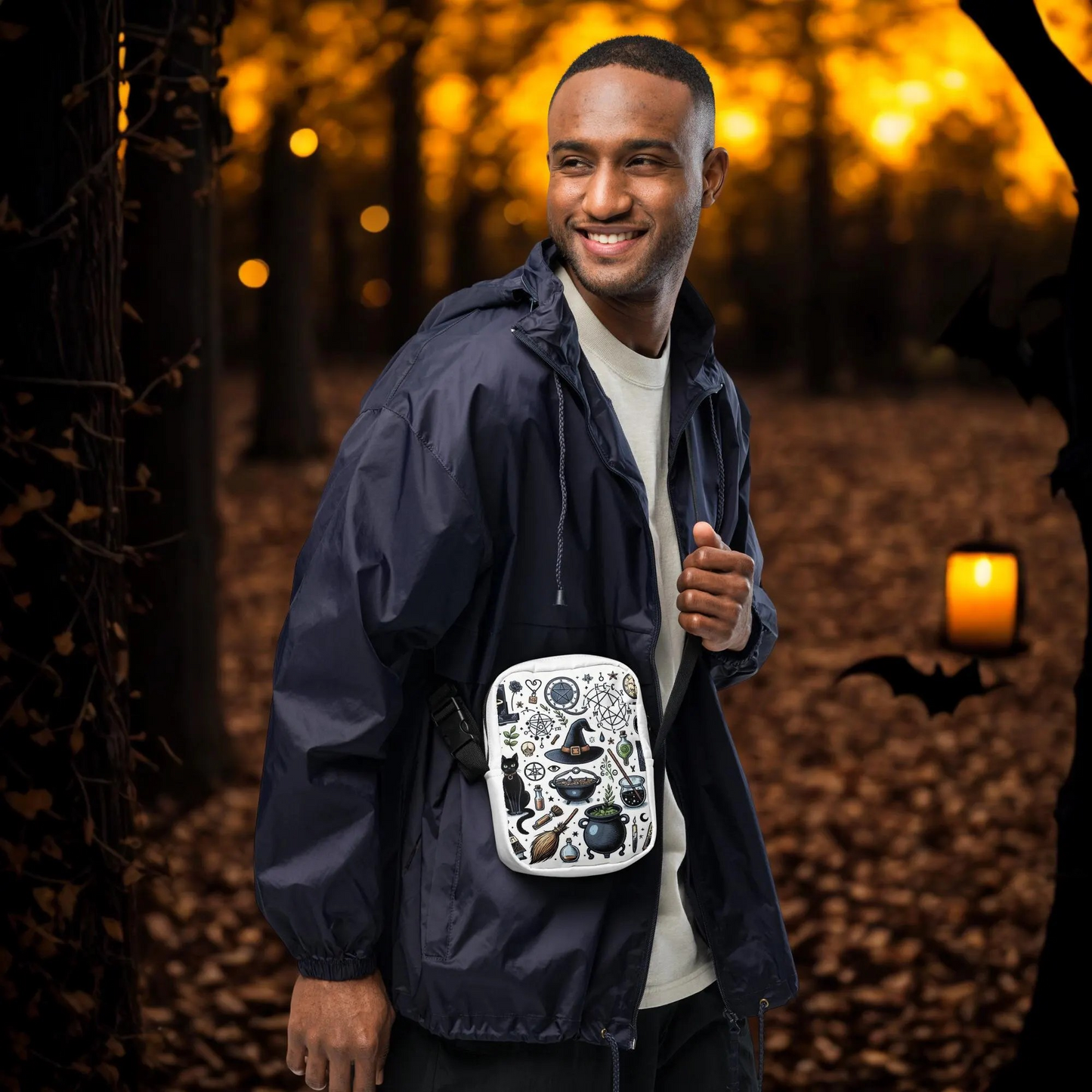 Witchy Halloween Crossbody Bag with spooky witch motifs worn by man in dark jacket at autumn forest background