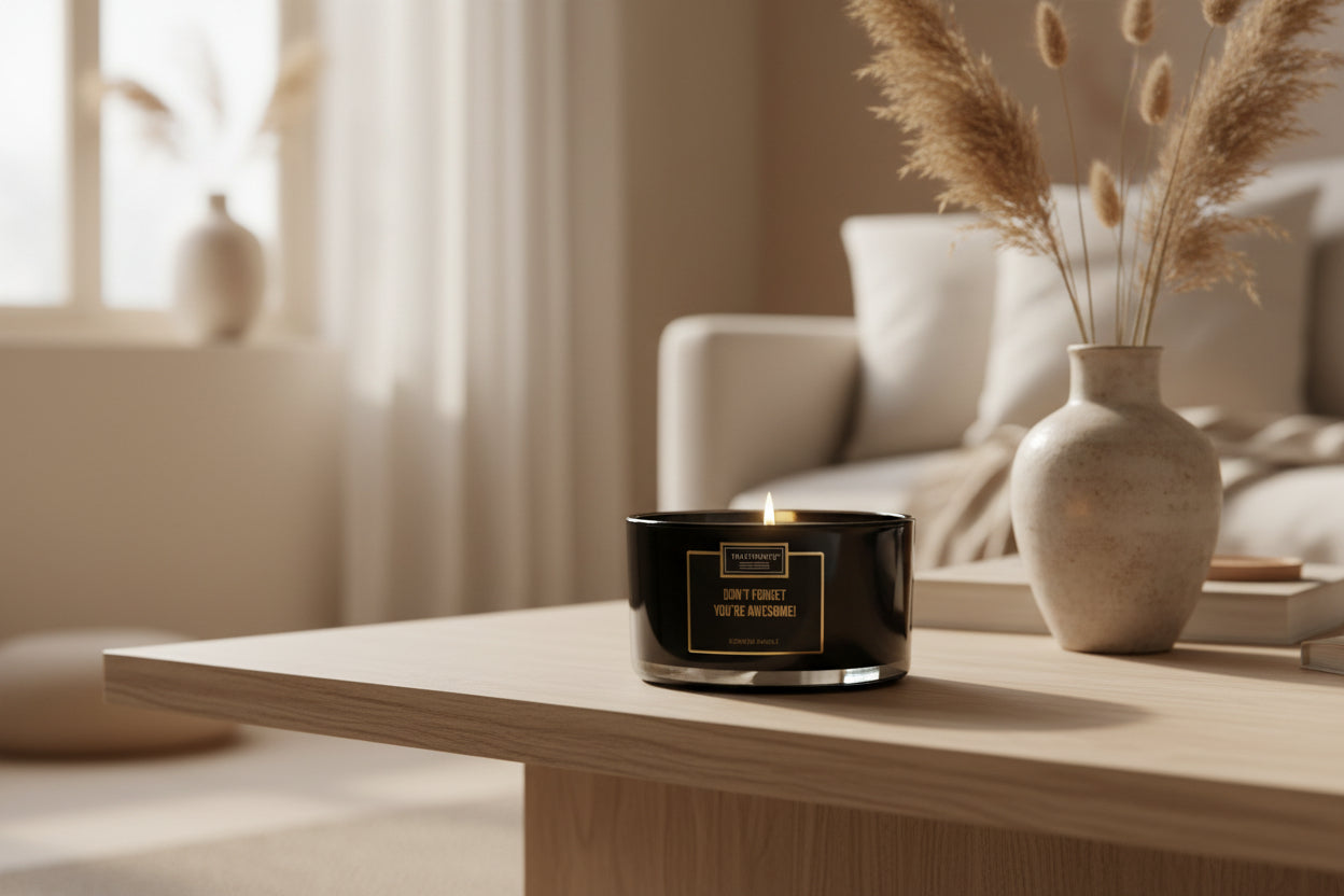 Detail van XL geurkaars Don’t Forget You’re Awesome – warme en elegante uitstraling