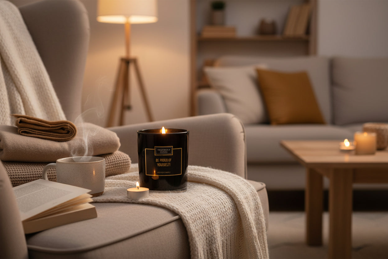 Zwarte luxe geurkaars Wees trots op jezelf van Treatments in warm interieur