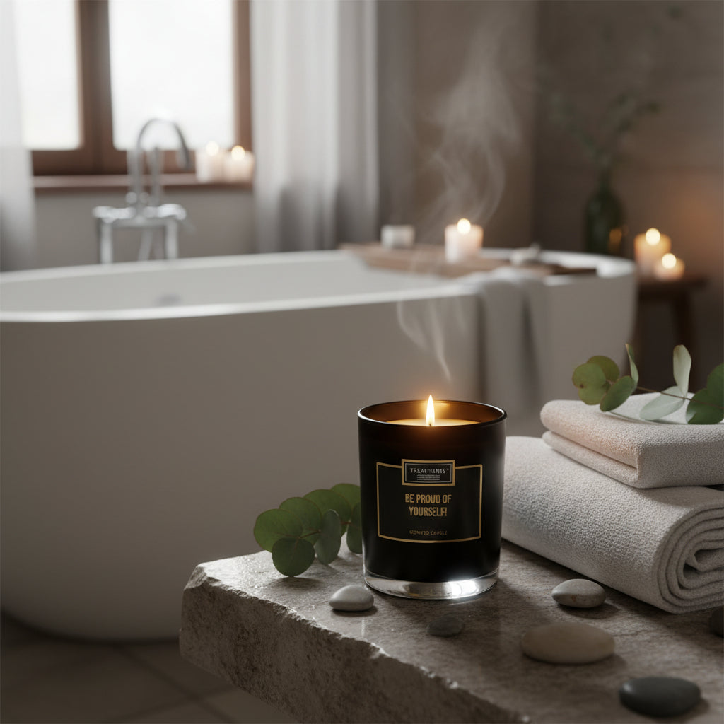 Zwarte luxe geurkaars Wees trots op jezelf van Treatments in warm interieur
