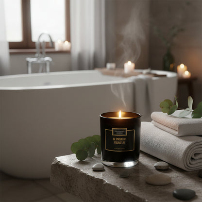 Zwarte luxe geurkaars Wees trots op jezelf van Treatments in warm interieur