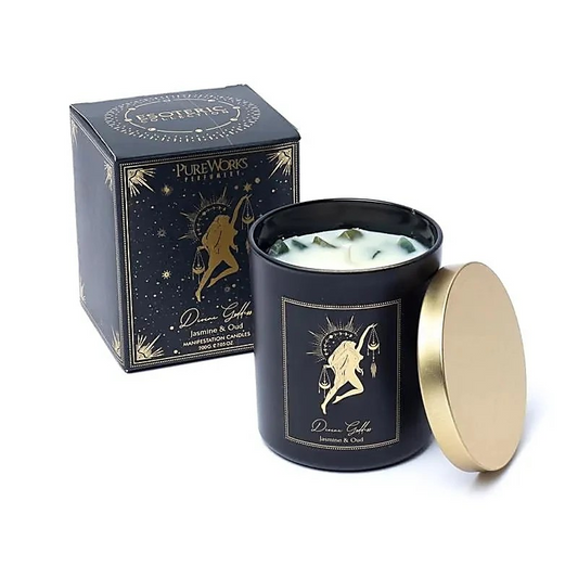 PureWorks Perfumery Divine Goddess manifestatiekaars met goudkleurige deksel en esoterische geschenkdoos