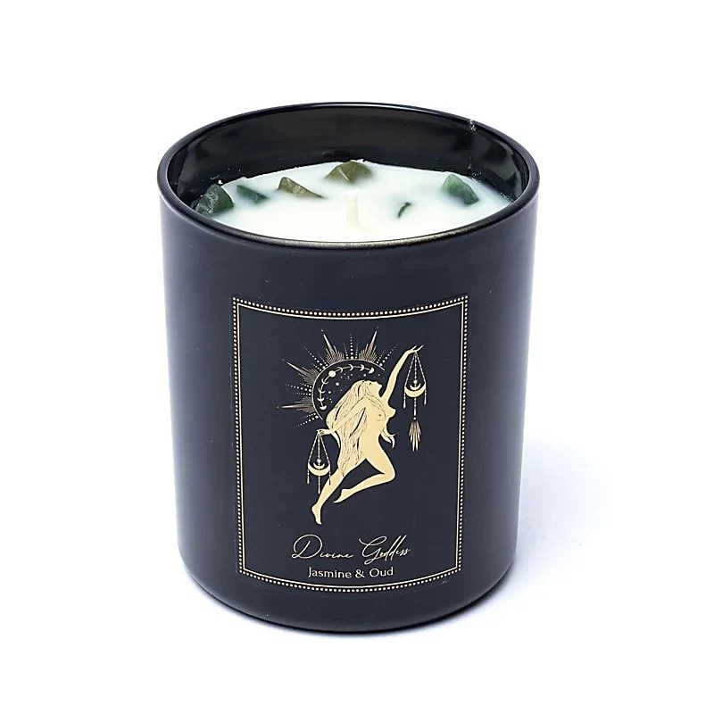 PureWorks Divine Goddess manifestatie geurkaars in zwart glas met Xinji Jade edelstenen