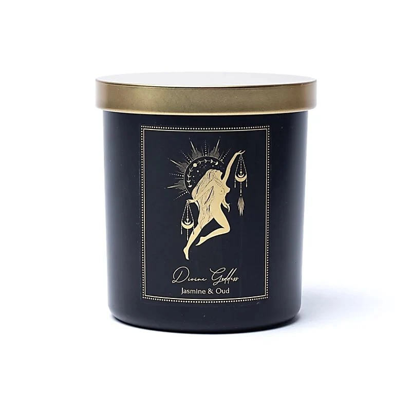 Luxe zwarte geurkaars Divine Goddess Jasmijn en Oudh met gouden deksel en godin illustratie