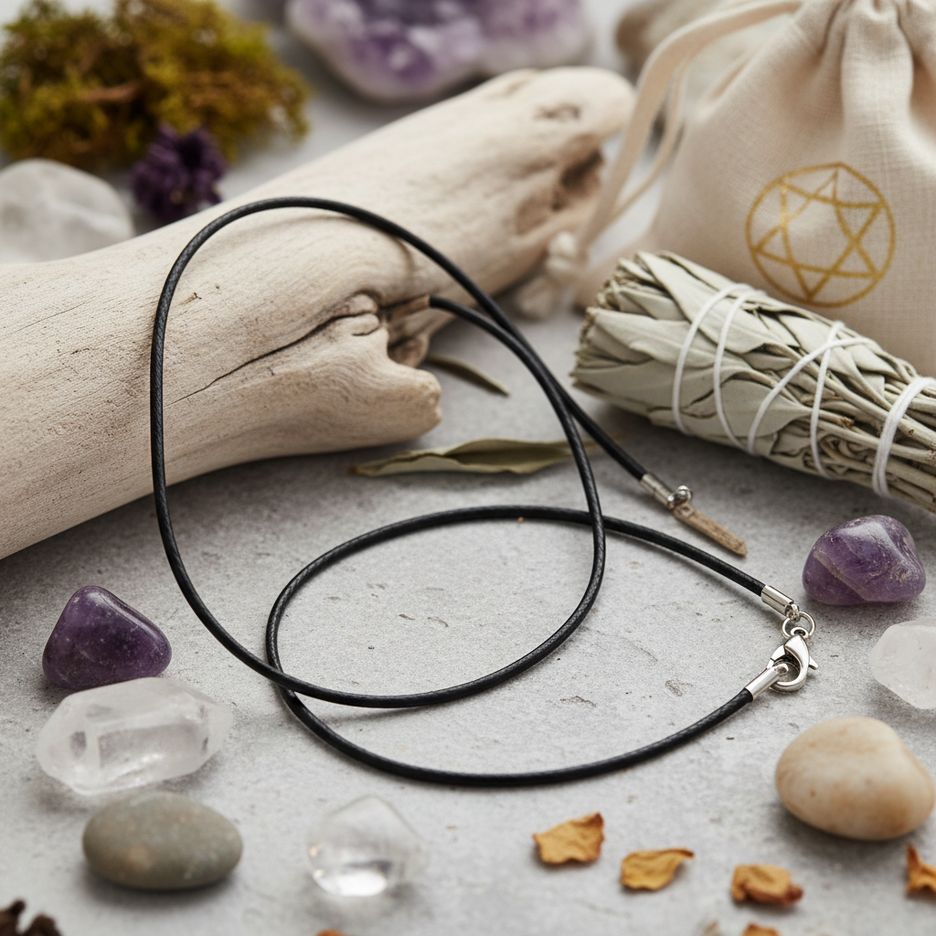 Zwart leren kettinkje voor 7 Chakra Heart Pendant set met handgemaakte halfedelstenen en fluwelen opbergzakje.