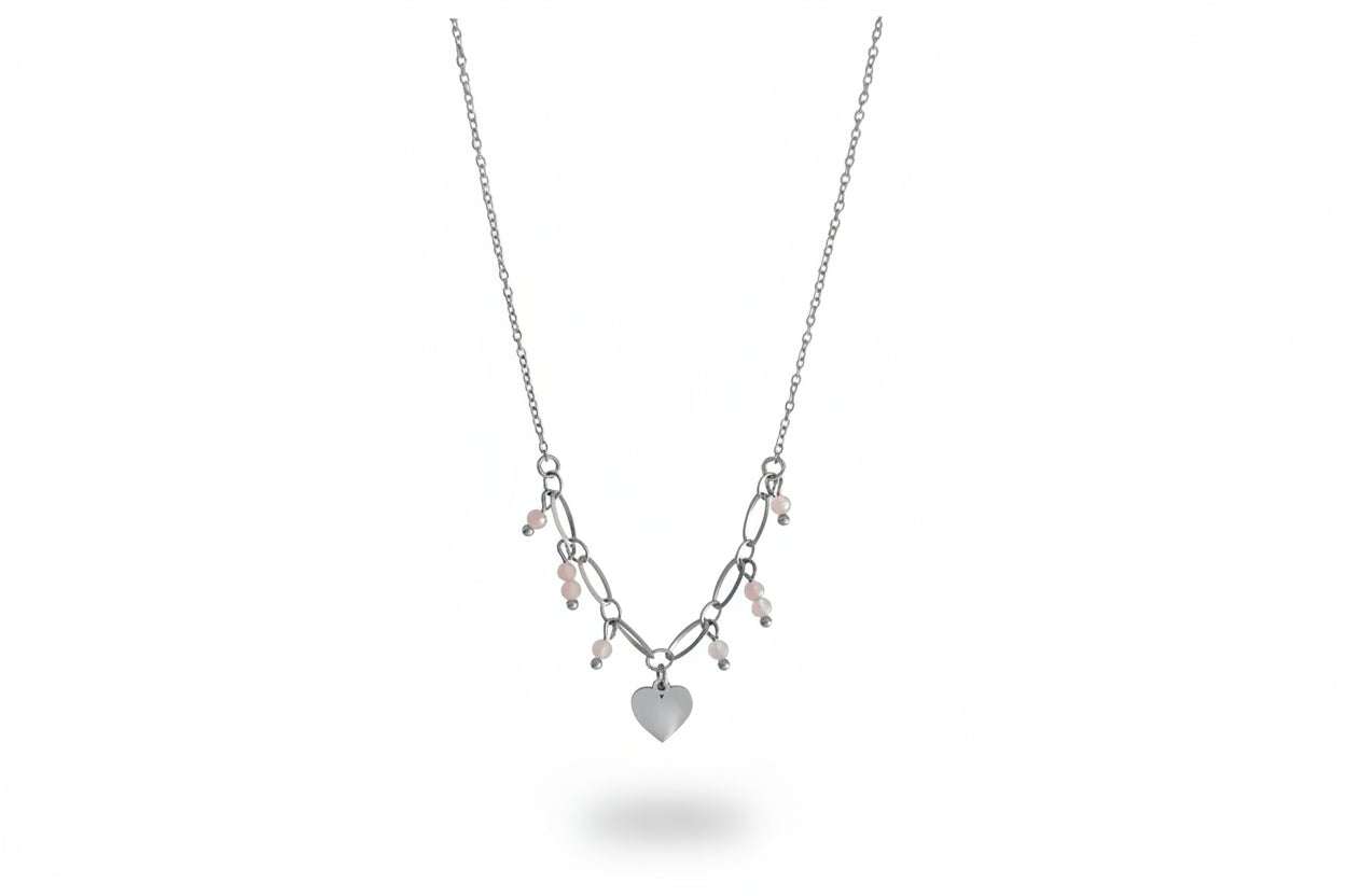 Hart & Rozenkwarts ketting met hoogglans hartvormig hangertje en facetgeslepen rozenkwarts in roestvrij staal