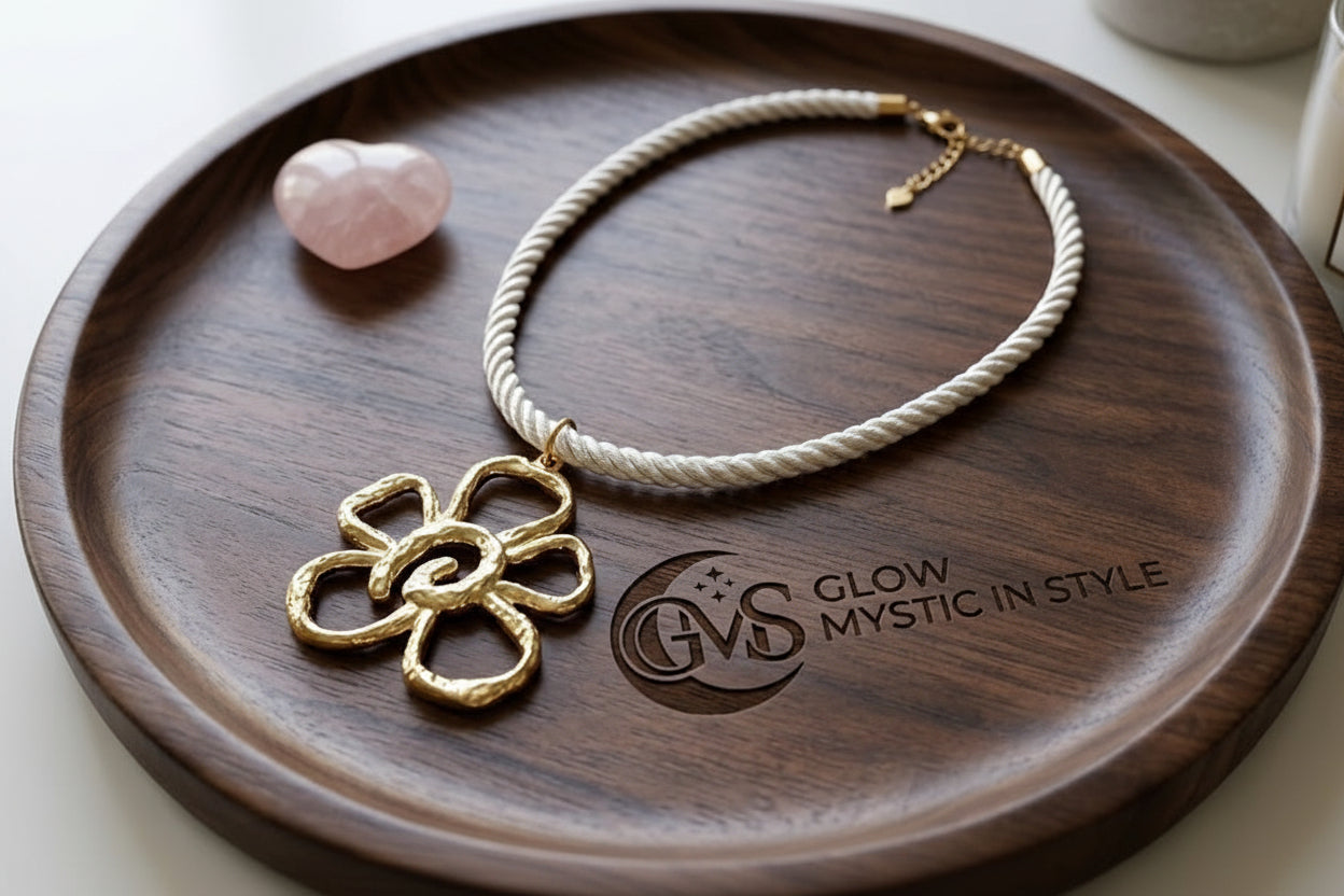 Boho stijl witte koordketting met gouden bloem hanger.