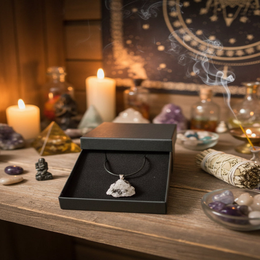 Ruwe maansteen ketting in zwart lederen halsketting met zilverkleurig oogje in luxe geschenkdoos, spiritueel sieraad voor intuïtie en emotionele balans