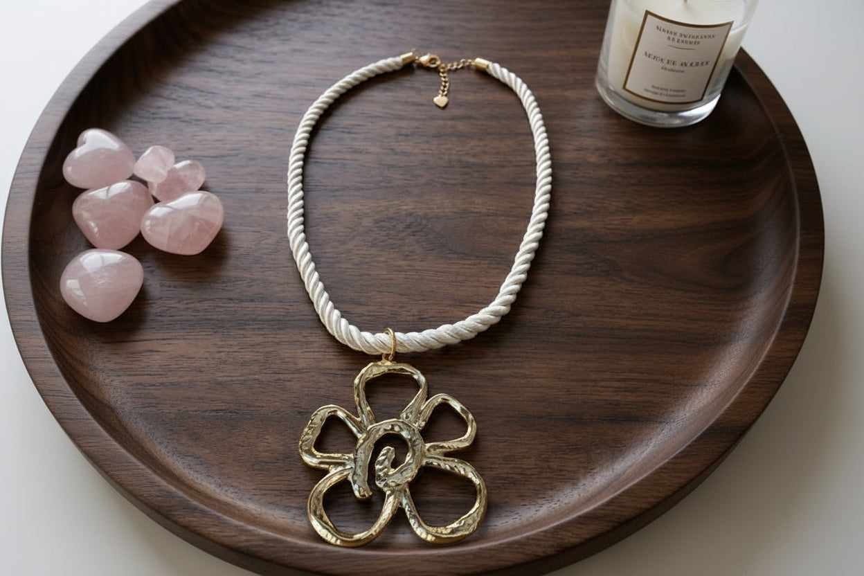 Elegante witte gedraaide koordketting met grote gouden bloemhanger.