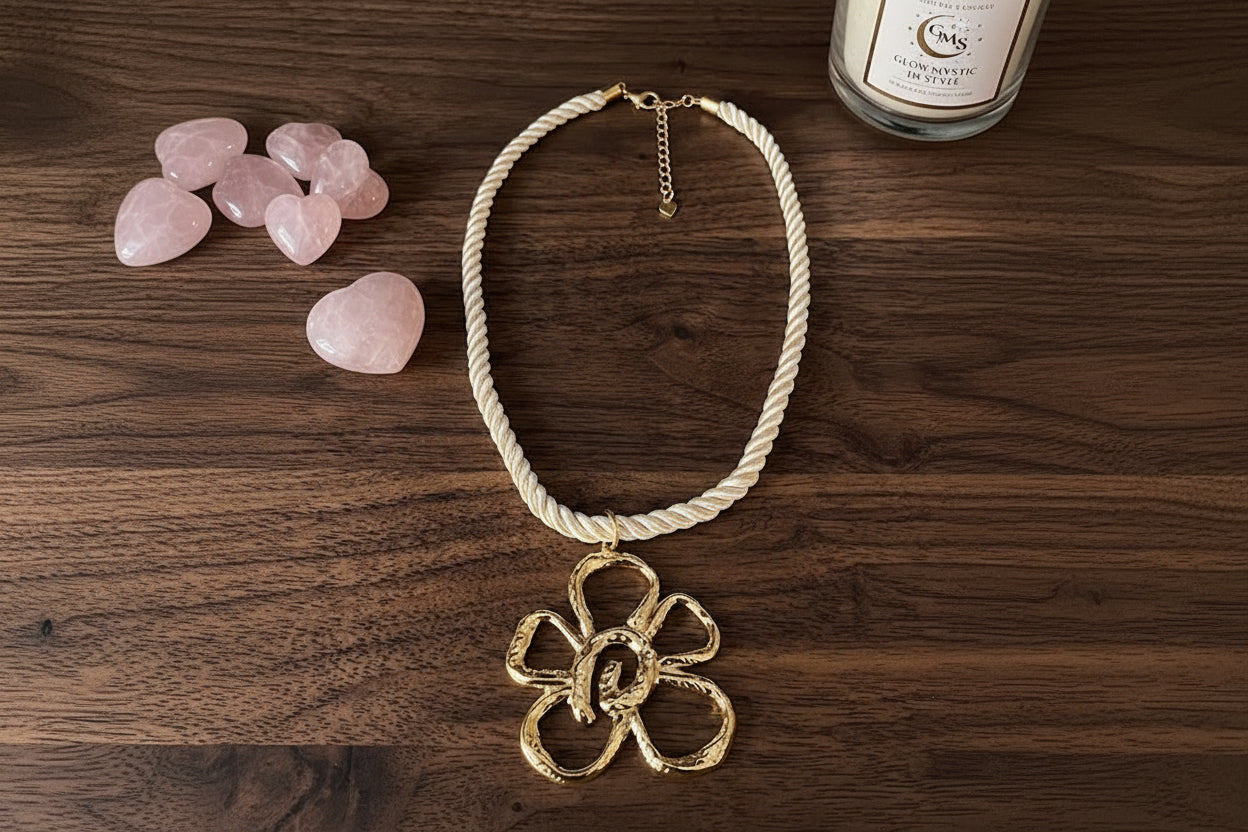 Boho stijl witte koordketting met gouden bloem hanger.