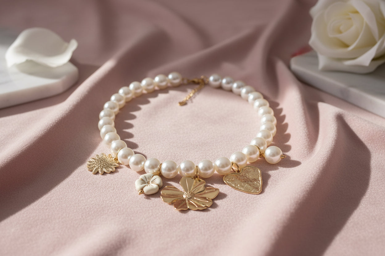 "Close-up van de Glow Mystic parelketting met goudkleurige RVS charms. De focus ligt op de witte marmerlook bloem en de grote goudkleurige bloembedel. De combinatie van parels en goudkleurig roestvrij staal geeft een luxe, trendy uitstraling."
