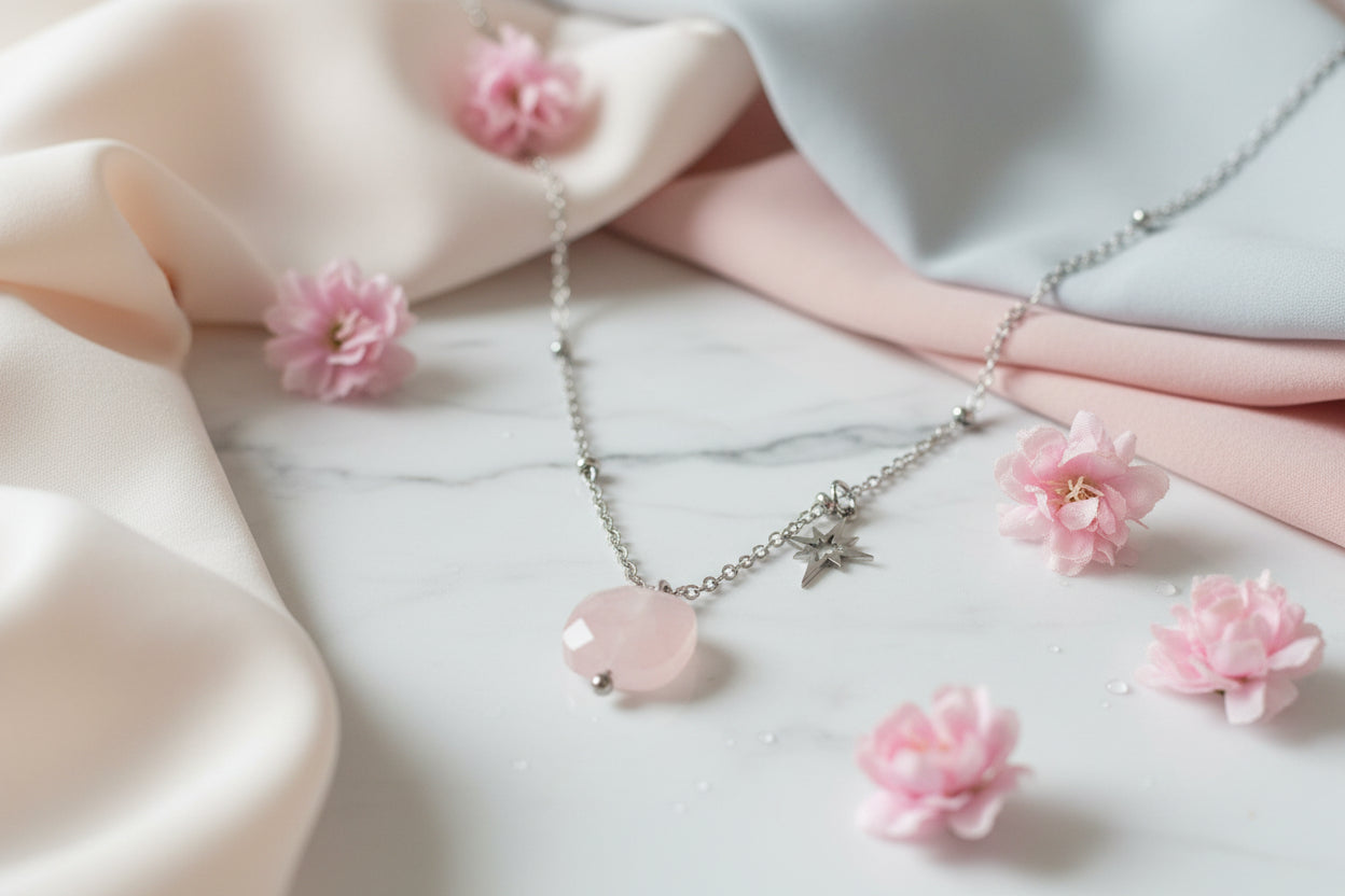 Luxe productfoto van de zilverkleurige RVS ketting met Rozenkwarts edelsteen en ster-charm op een marmeren ondergrond met roze bloemen eromheen - Glow Mystic in Style.