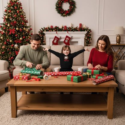 child wearing black Santa's Little Helper Kids Hoodie with festive Santa design sitting in holiday decorated room