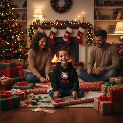 child wearing black Santa's Little Helper Kids Hoodie with Santa design in Christmas background at home