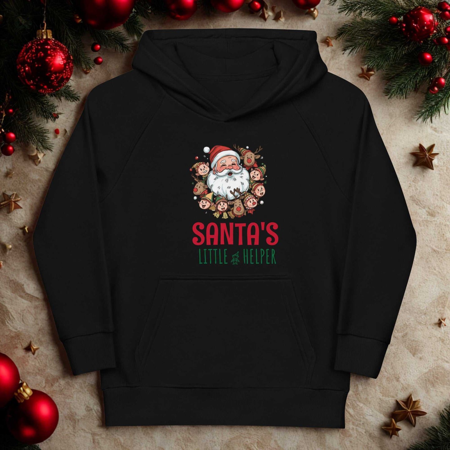 Black kids hoodie with Santa's Little Helper Christmas design and festive characters, cozy holiday wear for children