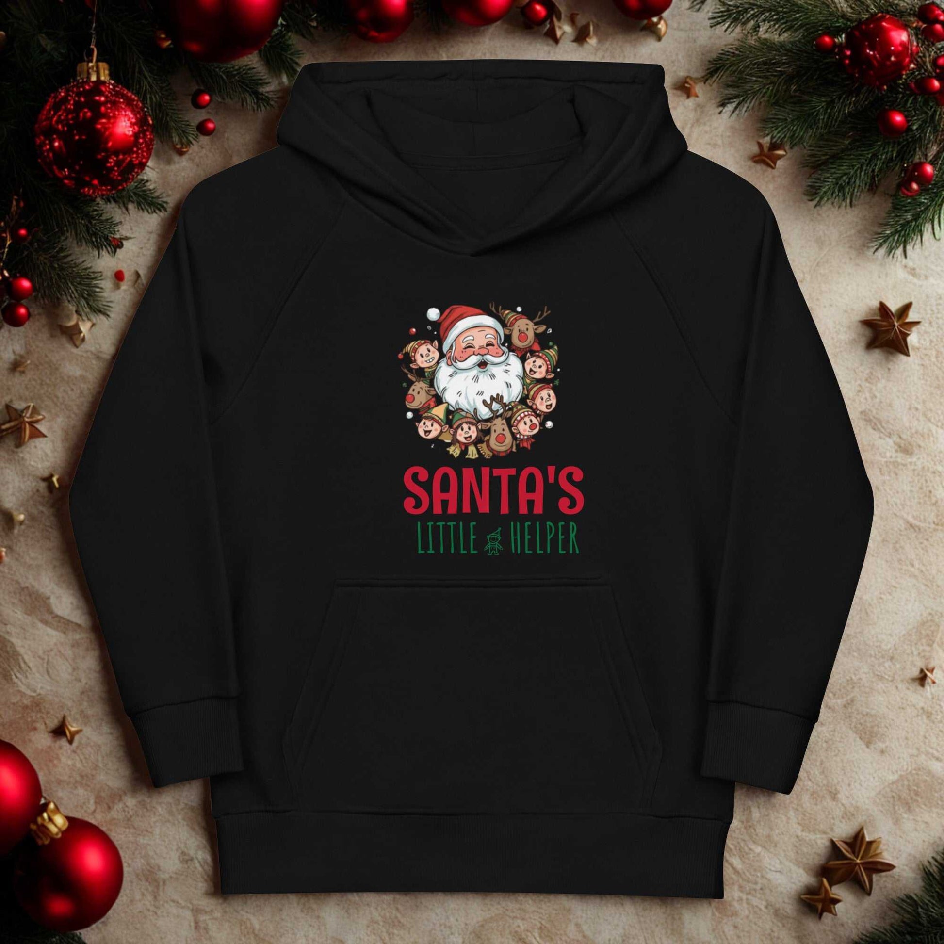 Black kids hoodie with Santa's Little Helper Christmas design and festive characters, cozy holiday wear for children