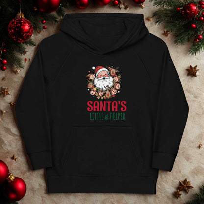 Black kids hoodie with Santa's Little Helper Christmas design and festive characters, cozy holiday wear for children