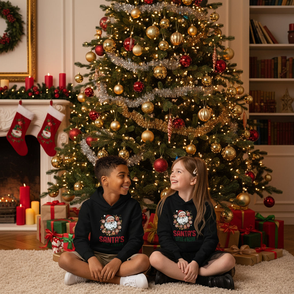 Children wearing black Santa's Little Helper Kids Hoodie with festive Santa design under a tree setting