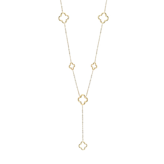 "Professionele productfoto van de goudkleurige, open-work klaver lariat-ketting, volledig en symmetrisch gepresenteerd op een cleane, naadloze witte achtergrond.