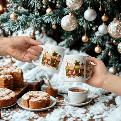 Two hands holding white glossy Christmas mugs with festive holiday designs near a decorated Christmas tree and snowy table with cakes and coffee cups