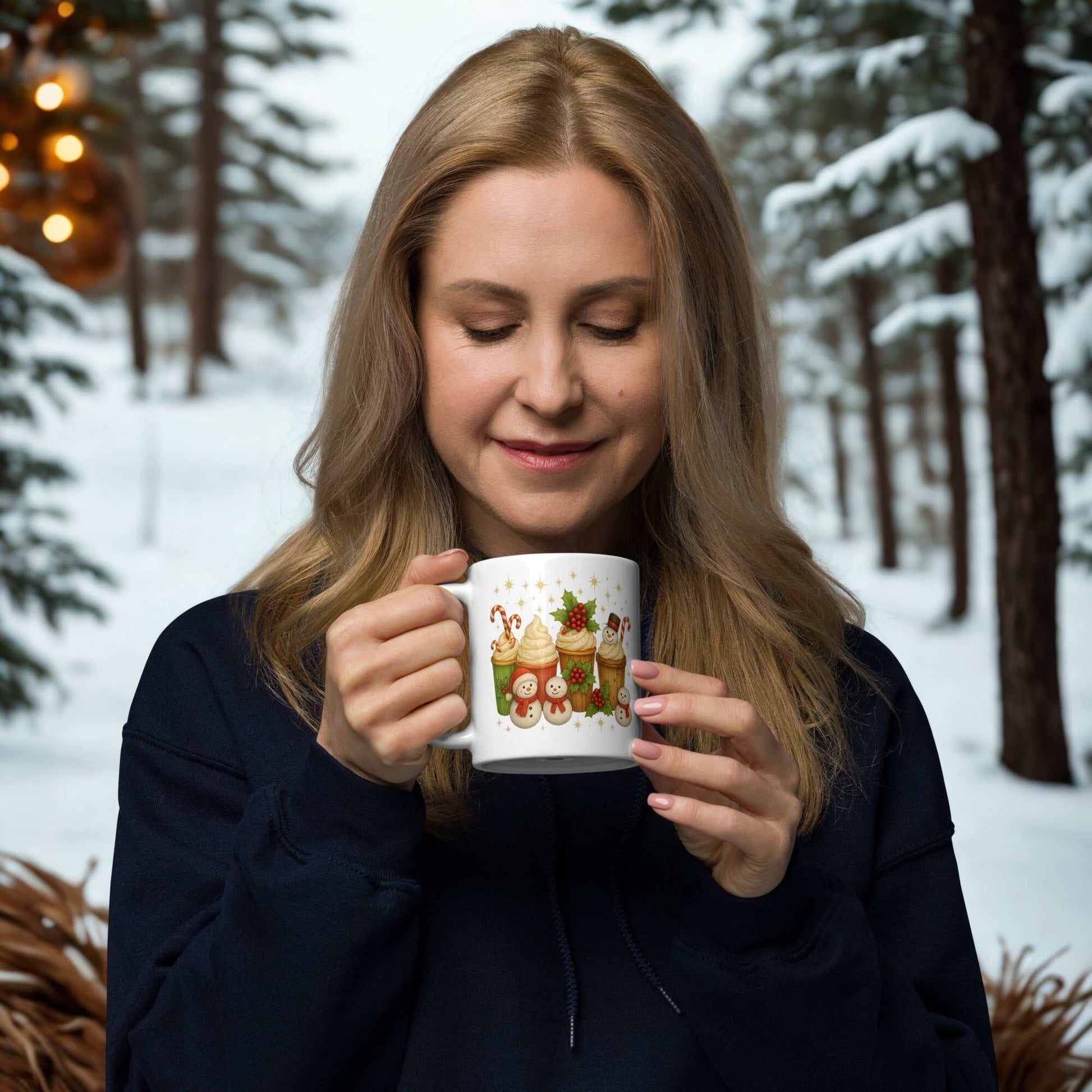 Woman holding white glossy Christmas mug with festive holiday design outdoors in winter forest