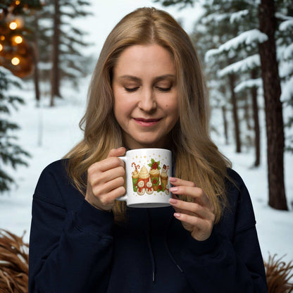 Woman holding white glossy Christmas mug with festive holiday design outdoors in winter forest