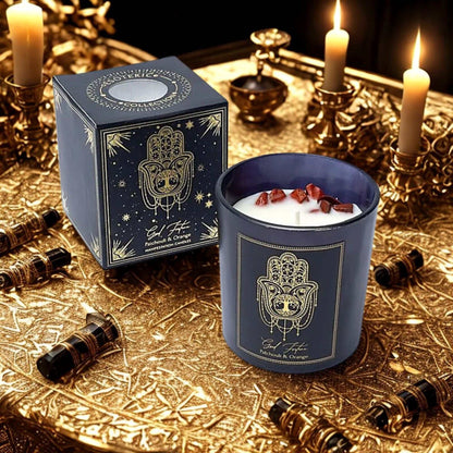 Manifestatiekaars Good Fortune met patchouli en sinaasappel in stijlvol zwart glas met rode jaspis edelsteen voor 20 uur brandduur