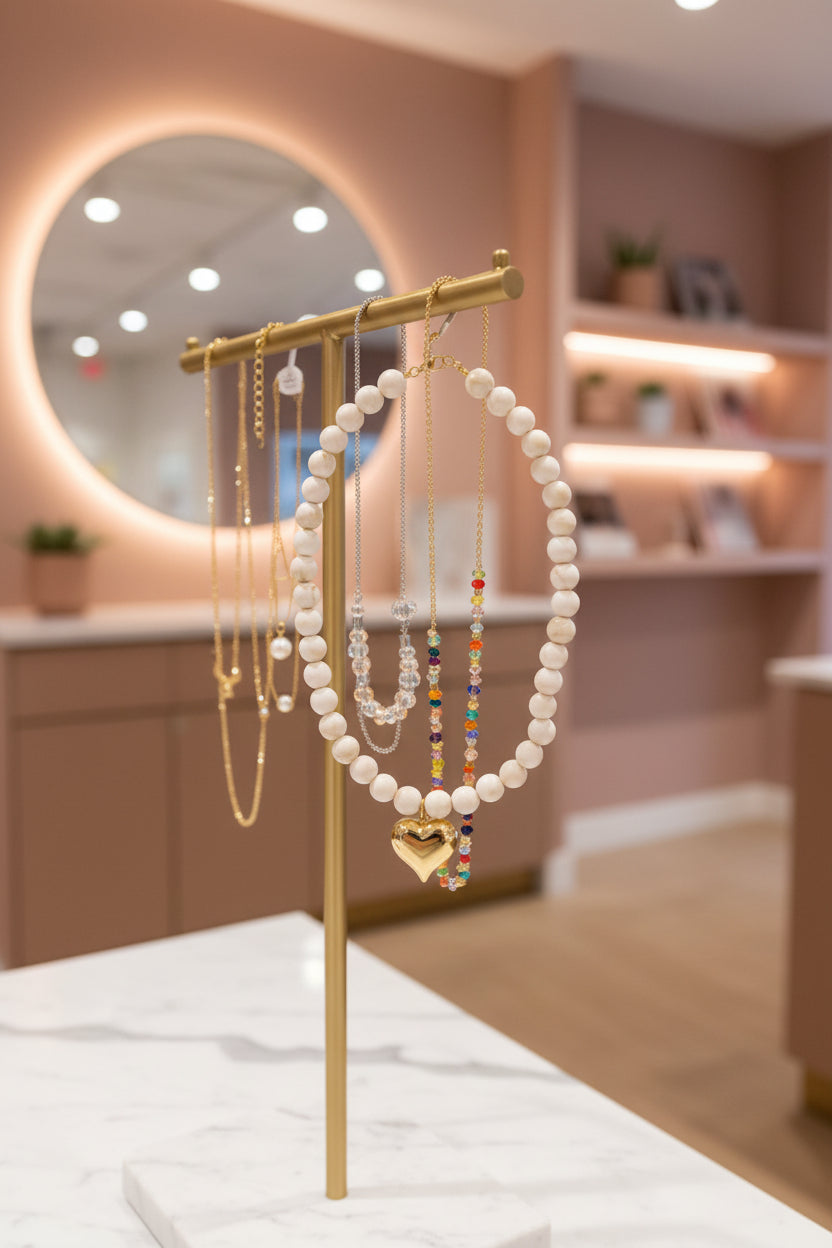 Een gouden T-bar sieradenstandaard met diverse kettingen, waaronder een opvallende wit gevlamde arelketting met een gouden rvs harthanger, een zilveren kralenketting en kleurrijke kralenketting, gefotografeerd tegen een zachtroze achtergrond met een ronde, verlichte spiegel.