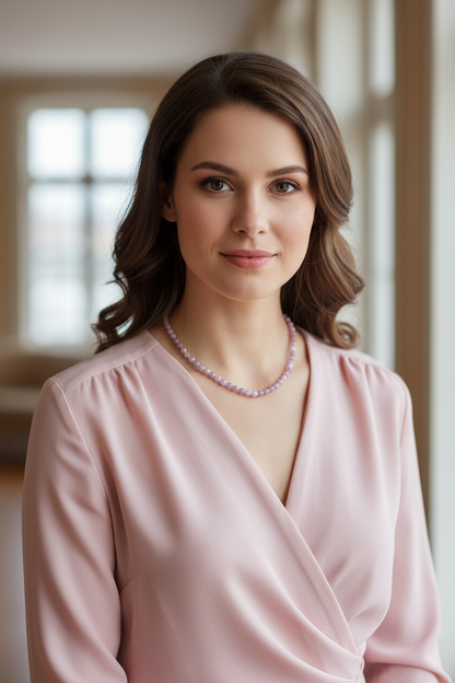 Model draagt de elegante zachtroze Kunziet edelsteen ketting met gouden accenten