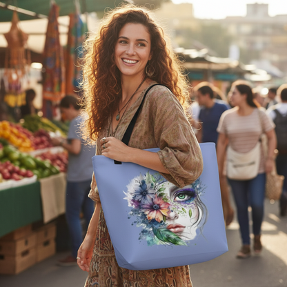 Large Floral Mystic Tote Bag with artistic floral face design and black handles, eco-friendly and durable for everyday use.