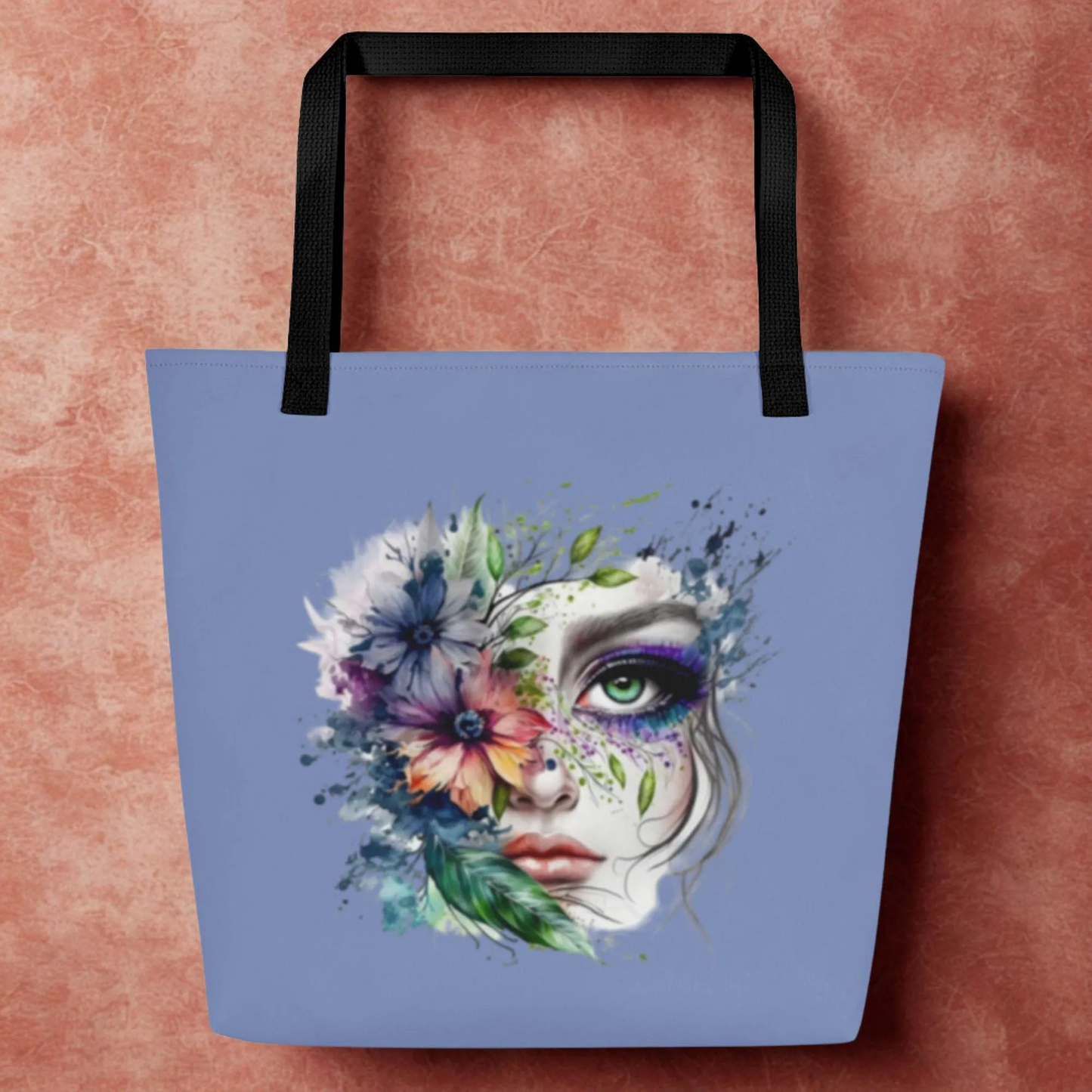 Large Floral Mystic Tote Bag with colorful floral face design and black handles