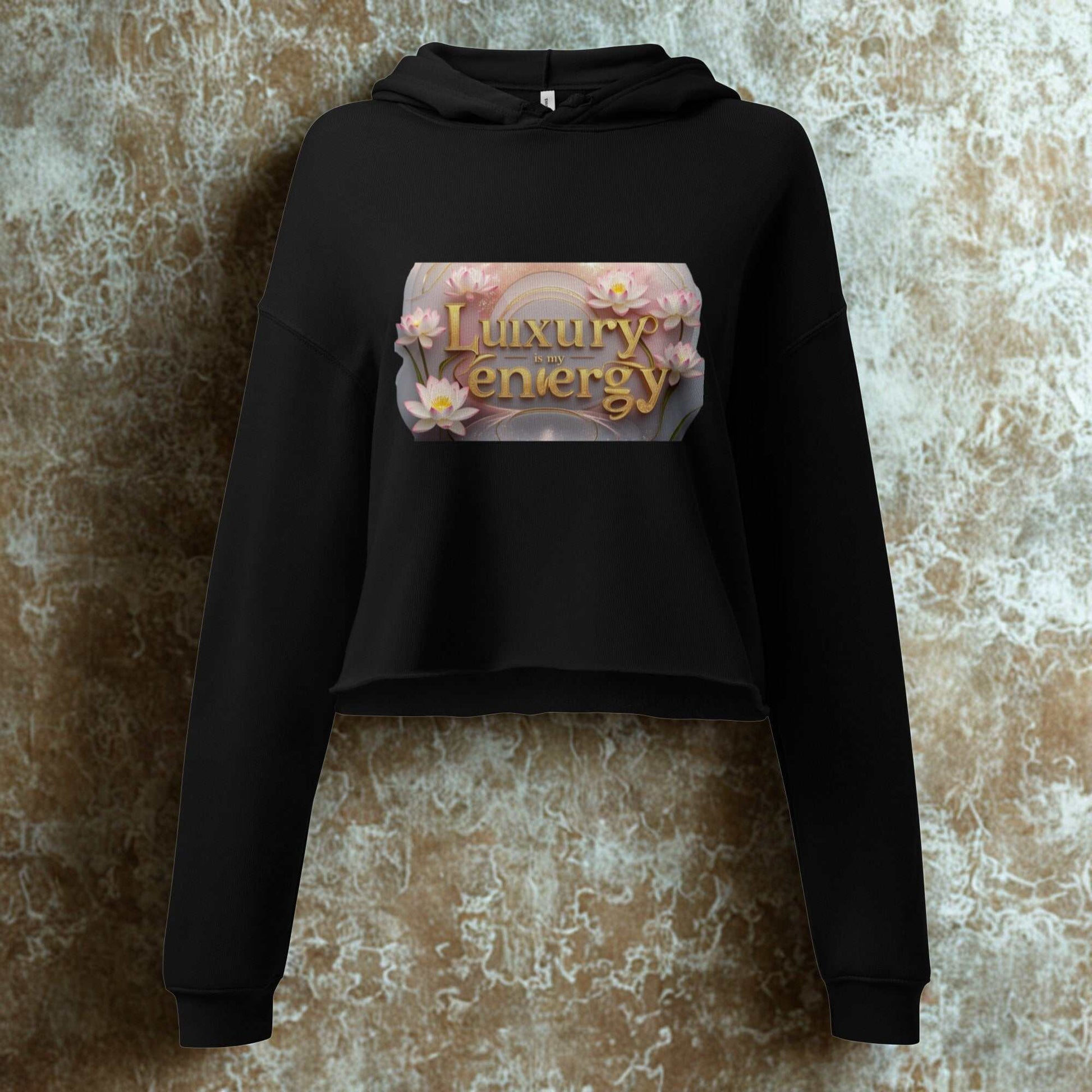 Black Luxury is My Energy Cropped Hoodie with floral text design and dropped shoulder cut