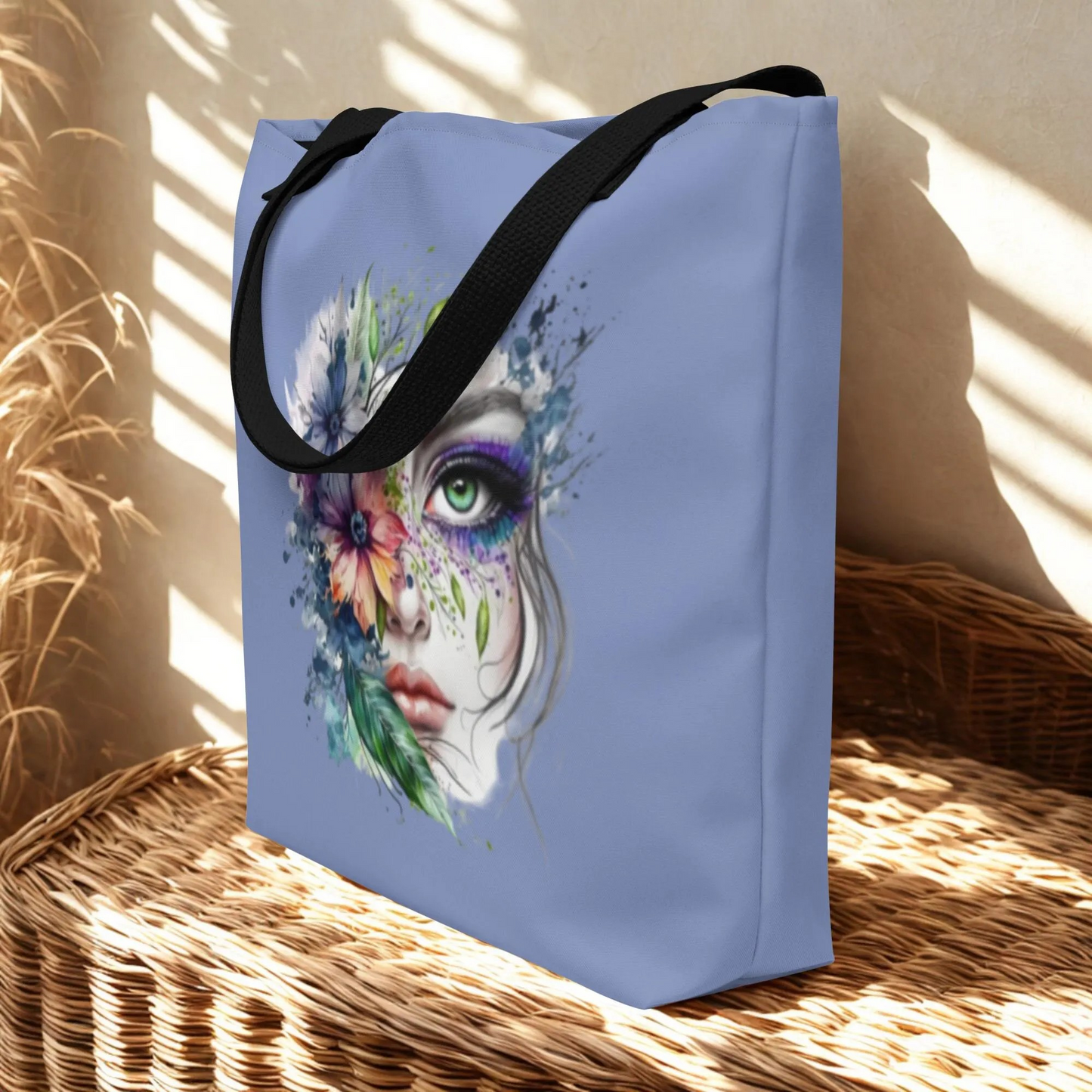Large Floral Mystic Tote Bag with vibrant face and floral design, sturdy black handles, and spacious interior for everyday use.