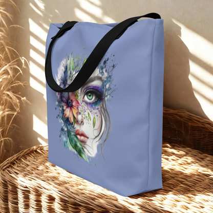 Large Floral Mystic Tote Bag with vibrant face and floral design, sturdy black handles, and spacious interior for everyday use.