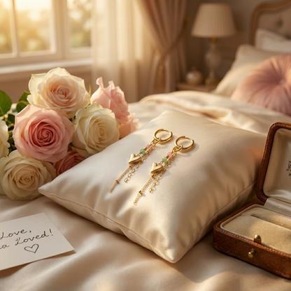 trendy gouden hart oorbellen met kralen en ketting details