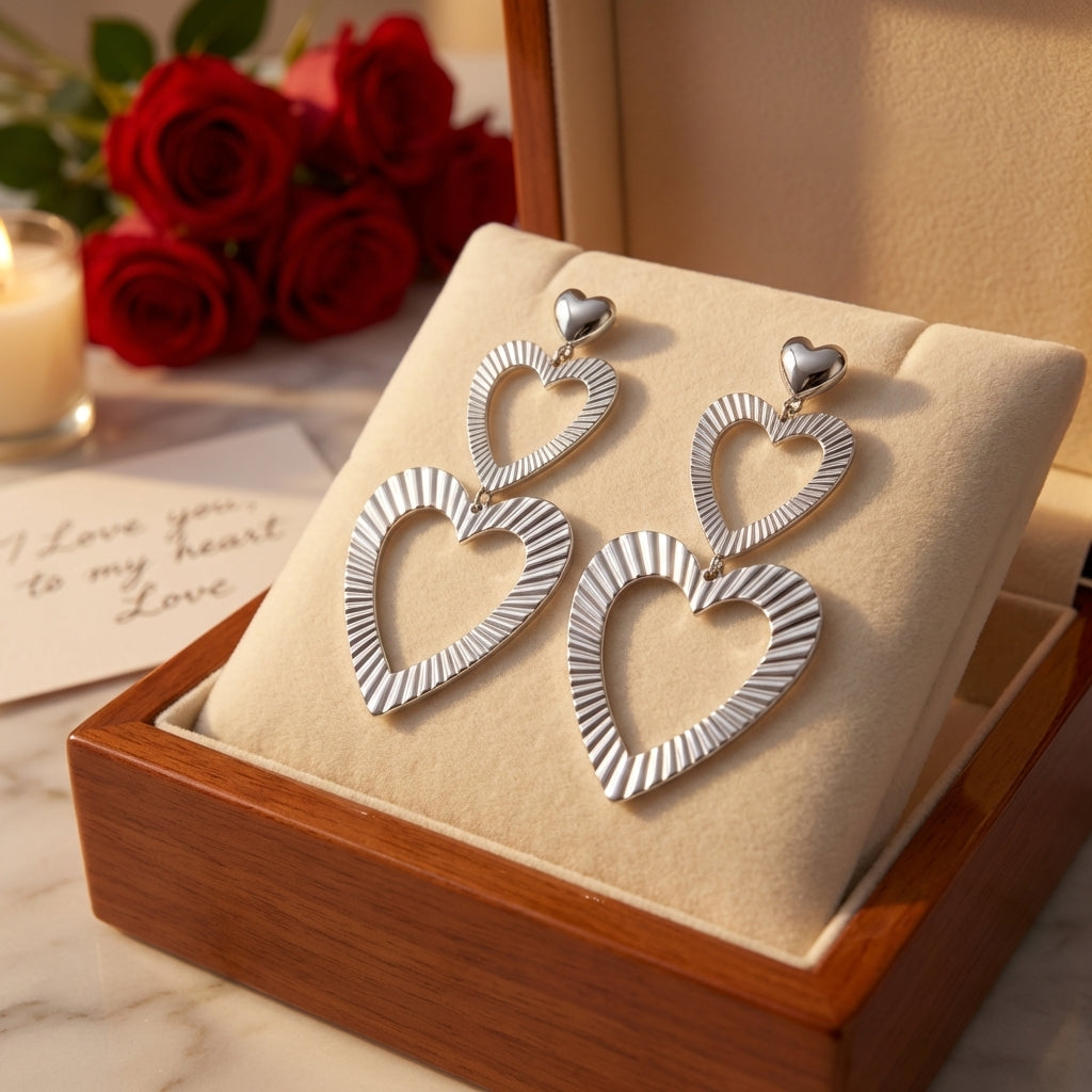 Zilveren dubbele hart oorhangers stainless steel ±7 cm