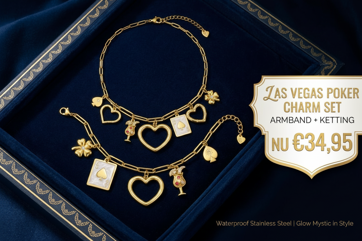 Exclusieve Las Vegas Poker Charm Sieradenset met de gouden armband en ketting op een luxe donkerblauw velvet doosje, inclusief een goudkleurige banner met de actieprijs nu 34,95 euro.