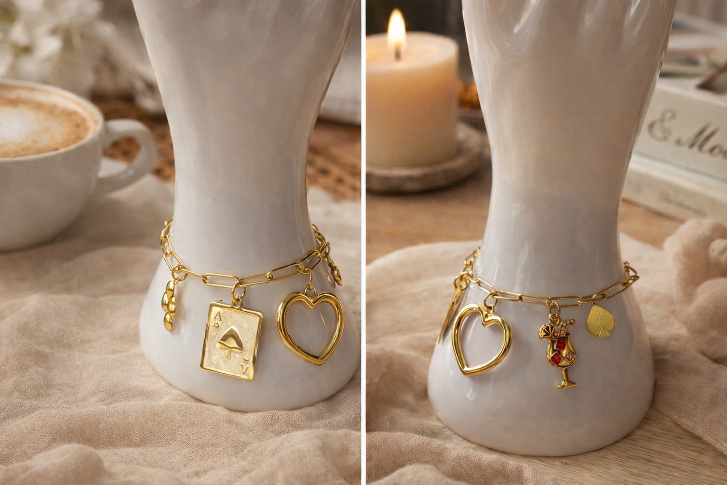 “Gouden bedelarmband met hart, speelkaart en cocktail bedels op een zacht neutraal kleedje, elegante lifestyle foto.”