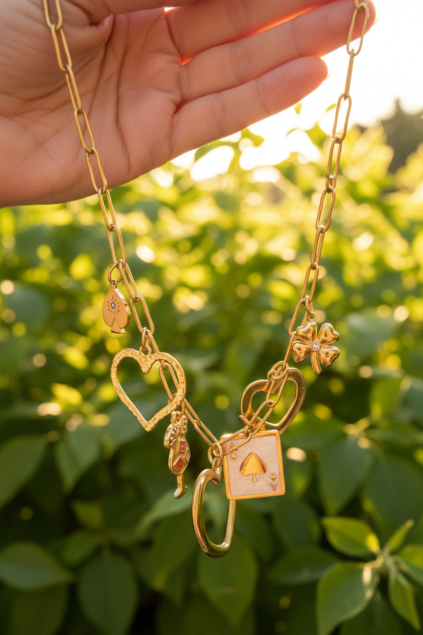 Goudkleurige stainless steel Vegas bedelketting met glanzende charms, sfeervol omhooggehouden in een hand tegen een achtergrond van zonnige groene bladeren.