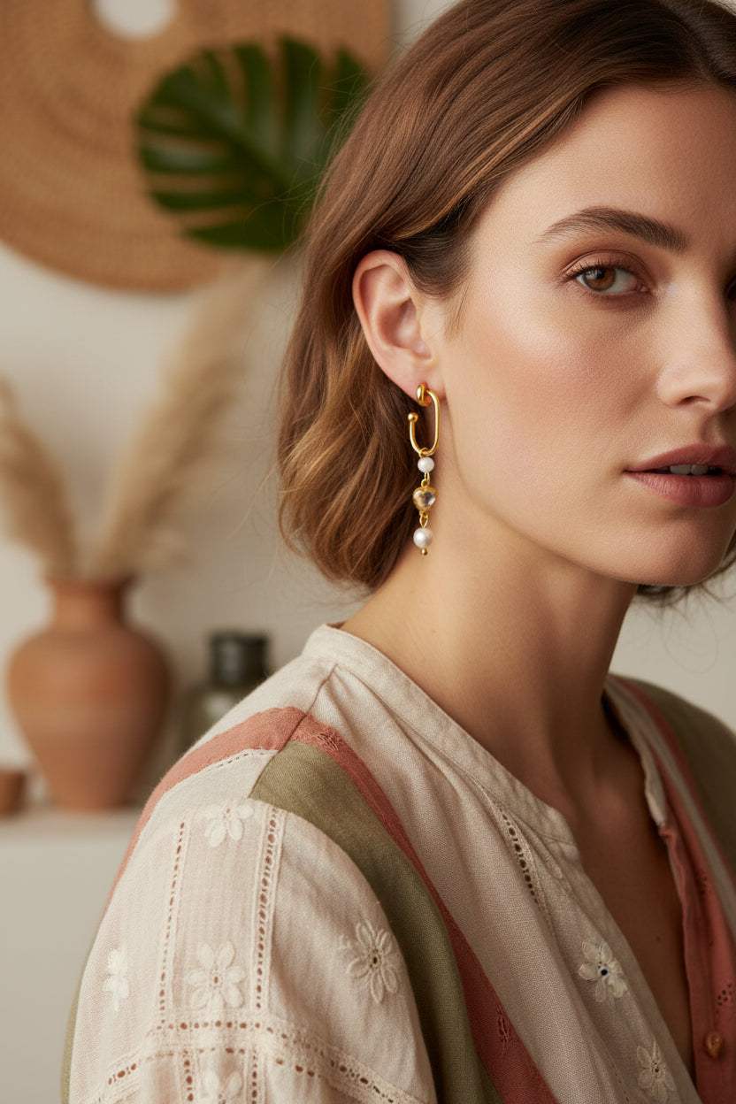 Goudkleurige stainless steel oorbellen met kristal hart, facetgeslepen maansteen en parel.