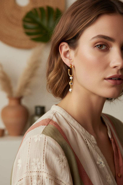 Goudkleurige stainless steel oorbellen met kristal hart, facetgeslepen maansteen en parel.