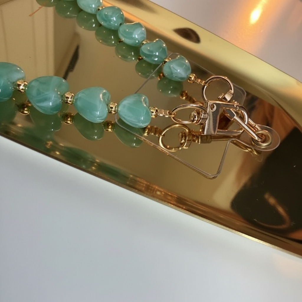 Glow Mystic in Style groen hartjes telefoonkoord op een goudkleurige schaal.