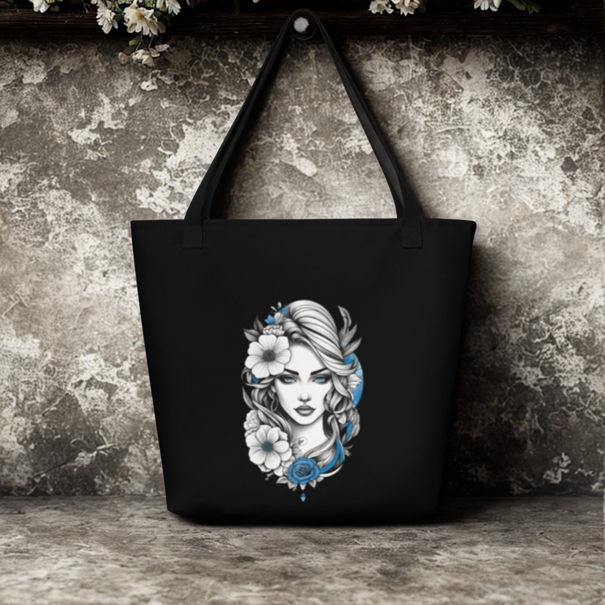 Mystic Blue Floral Goddess Large Tote Bag with floral goddess artwork on black background